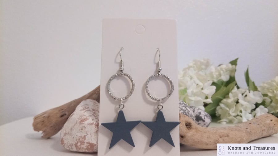 SALE Silver Hoop and Grey Wooden Star Dangle Earrings