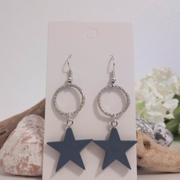 SALE Silver Hoop and Grey Wooden Star Dangle Earrings