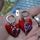 layered Heart shaped handmade earrings, red, purple and pink.