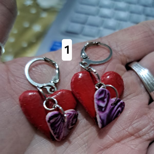 layered Heart shaped handmade earrings, red, purple and pink.