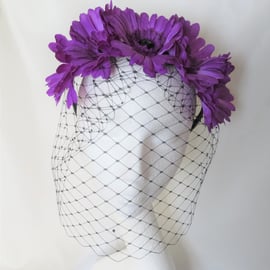 Ultraviolet Purple Daisy & Black Veil Flower Crown Retro Headband Gothic 