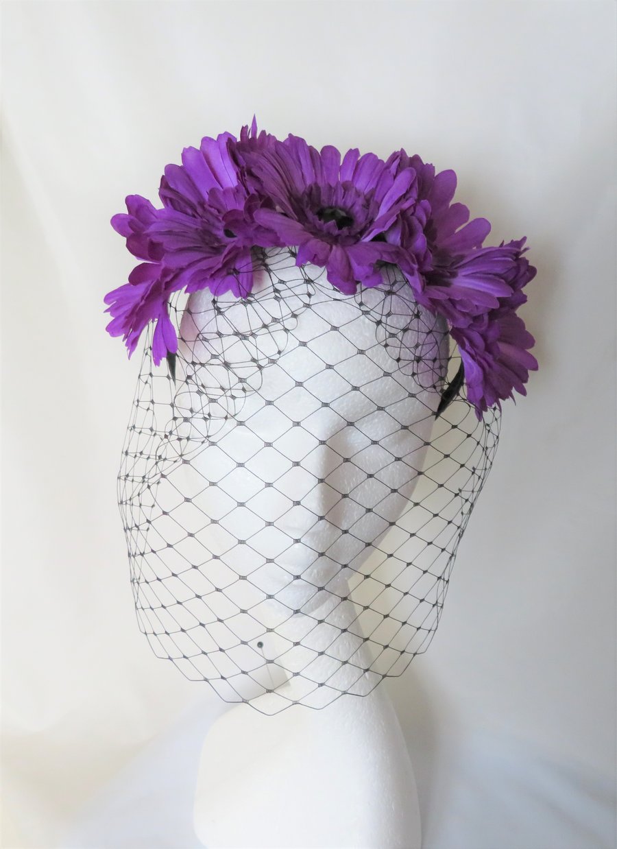 Ultraviolet Purple Daisy & Black Veil Flower Crown Retro Headband Gothic 