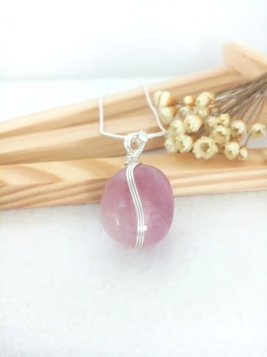 Image of Rose Quartz Necklace - Wire Wrapped Rose Quartz Tumble Stone - Heart Chakra 