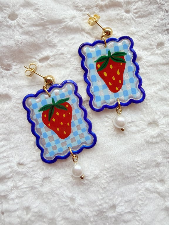 Blue Gingham Strawberry Pearl Drop Earrings