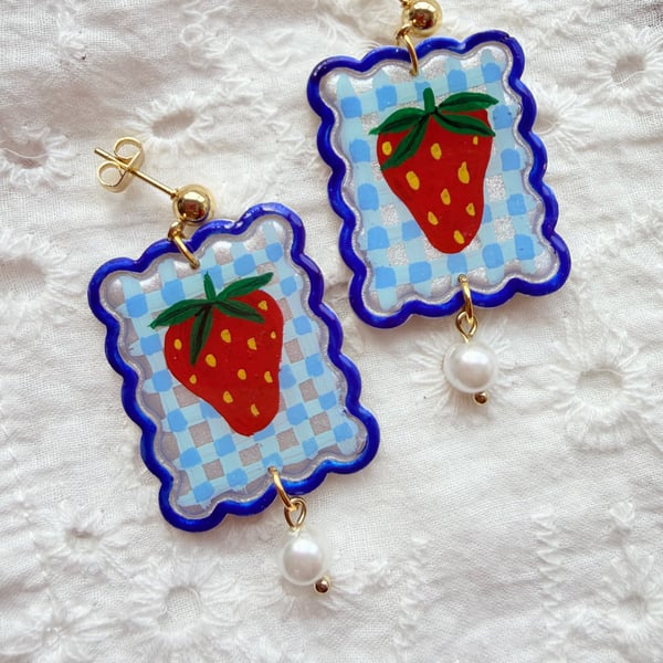 Blue Gingham Strawberry Pearl Drop Earrings