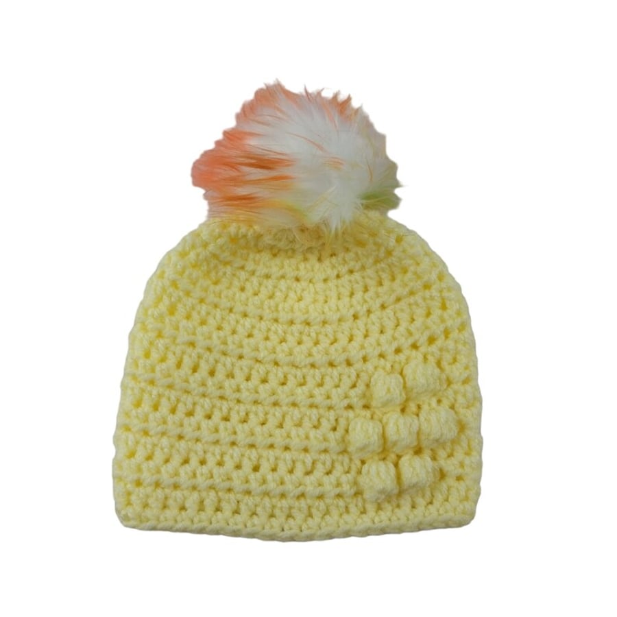 Lemon baby crocheted hat white faux fur pompom with orange yellow & green 