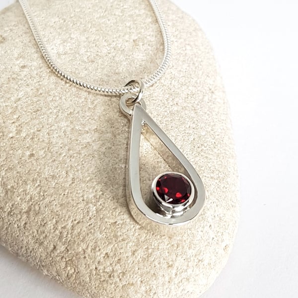 Sterling Silver Garnet Pendant Necklace, Teardrop Silver Pendant,