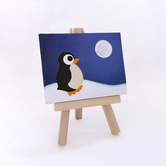 Penguin at Night Miniature Painting - cute night scene with full moon