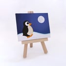 Penguin at Night Miniature Painting - cute night scene with full moon