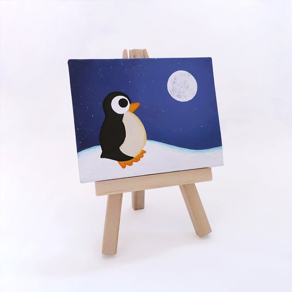 Penguin at Night Miniature Painting - cute night scene with full moon