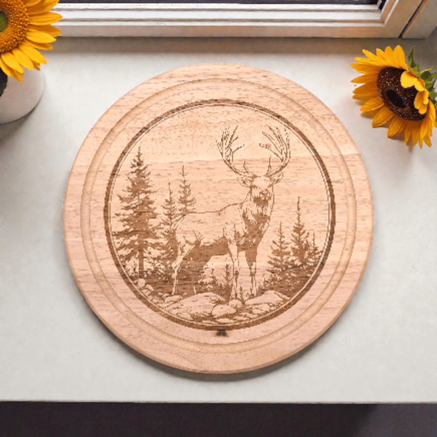 Engraved Stag Wooden Cutting Board – 30cm Hevea Wood