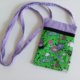 Green Crossbody bag, lilac, lined, comic book graphic design, pow, smash, bang