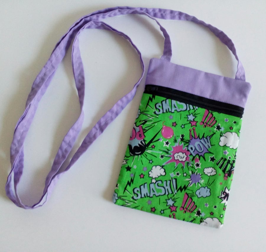 Green Crossbody bag, lilac, lined, comic book graphic design, pow, smash, bang