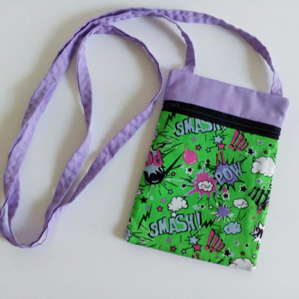 Green Crossbody bag, lilac, lined, comic book graphic design, pow, smash, bang