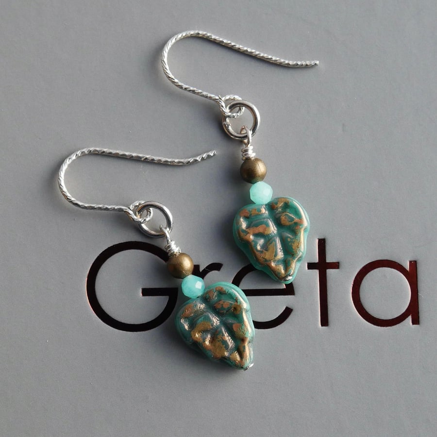 Czech Glass Leaf Earrings with Amazonite on Sparkly Sterling Silver Hooks