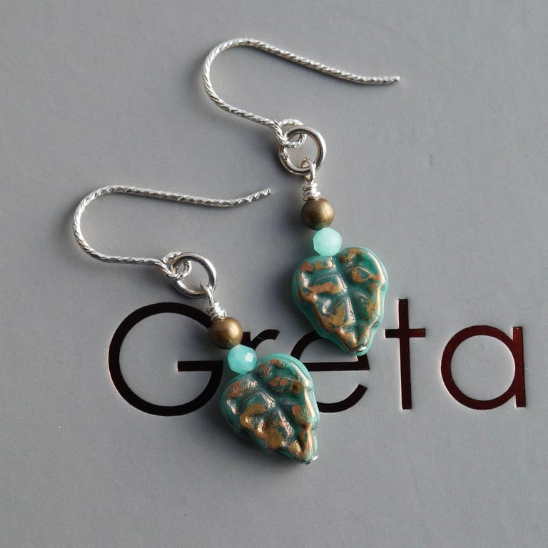 Czech Glass Leaf Earrings with Amazonite on Sparkly Sterling Silver Hooks