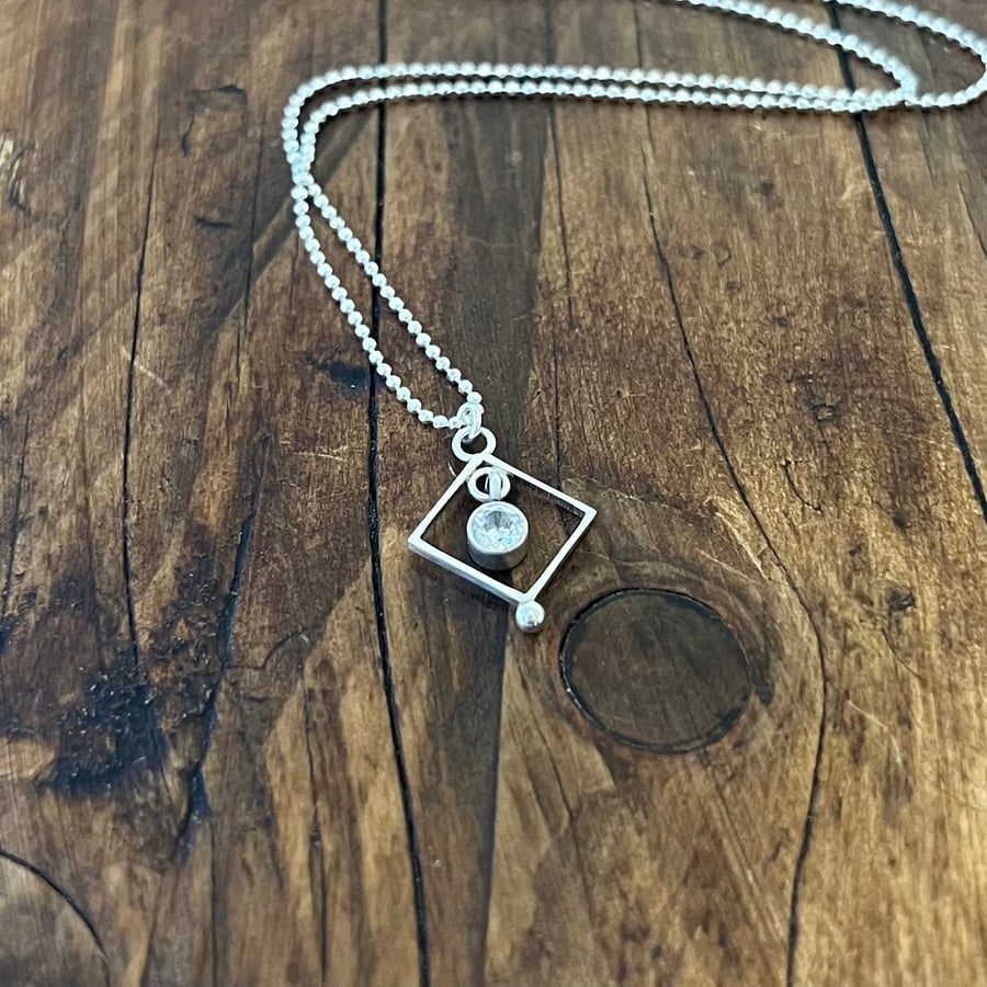 Petite Square CZ Pendant on 18" Diamond Cut Ball Chain - Handmade