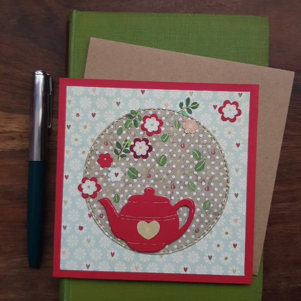 Handmade blank card, keepsake with red teapot on a brown polka dots background