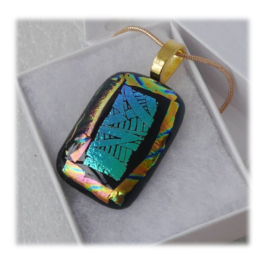 Dichroic Glass Pendant 148  Hieroglyphic Turquoise with gold plated chain