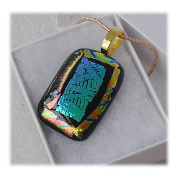 Dichroic Glass Pendant 148  Hieroglyphic Turquoise with gold plated chain