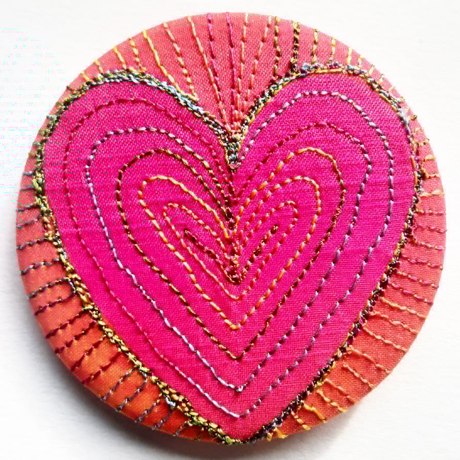 58mm Fabric Badge with Free Machine Embroidery Hand Dyed Silks and Cottons Badge