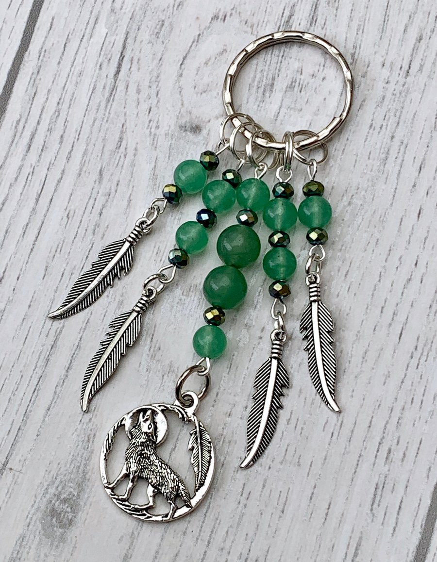 Green Dream Catcher Style  Wolf Jade Gemstone Keyring 