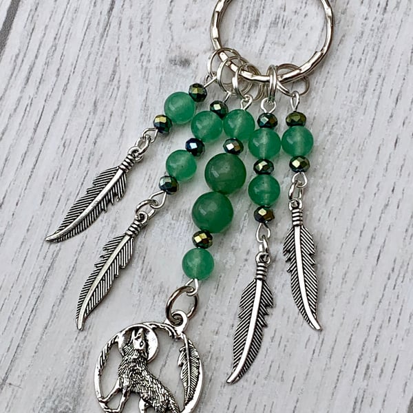 Green Dream Catcher Style  Wolf Jade Gemstone Keyring 