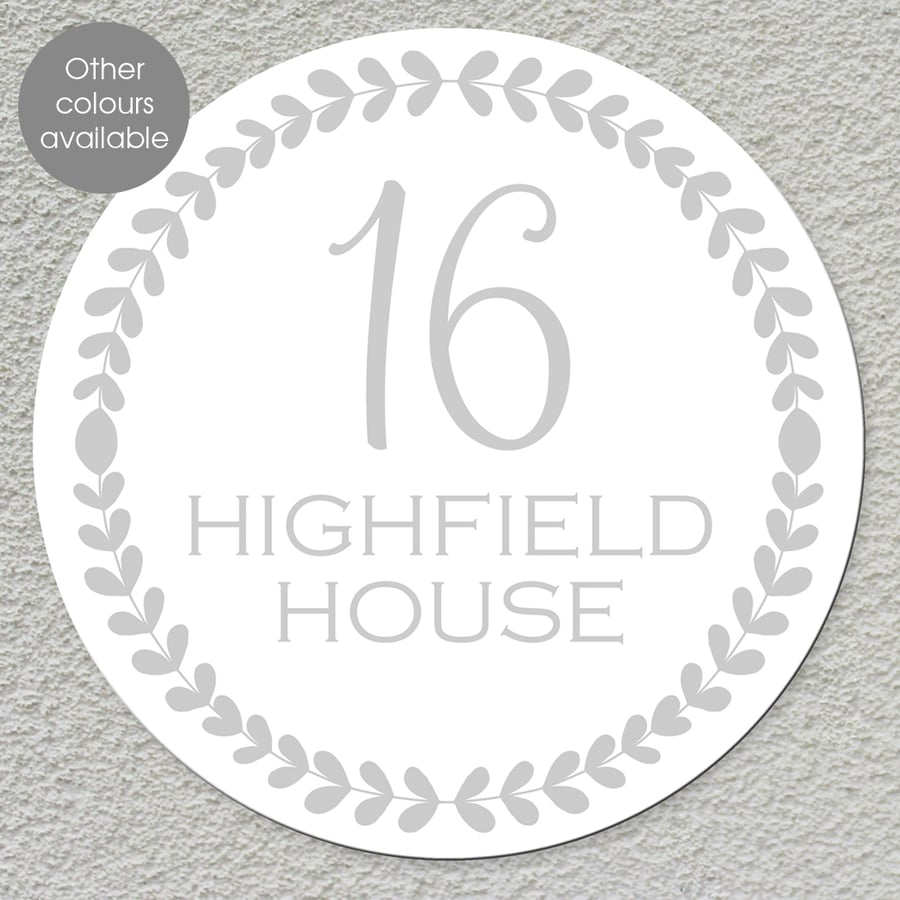 Leaf House Number Wall Sign, personalised house door name plaque