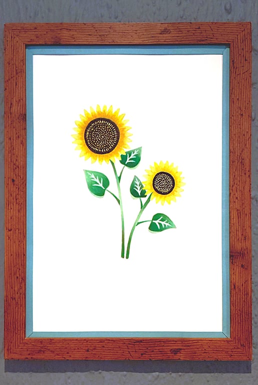 Genuine Made in UK Framed A3 Print Yellow Sunflowers Stylish Light Blue Border