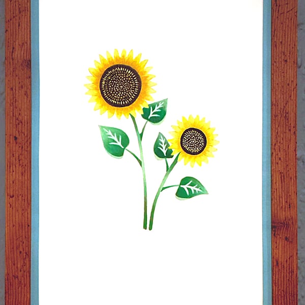 Genuine Made in UK Framed A3 Print Yellow Sunflowers Stylish Light Blue Border