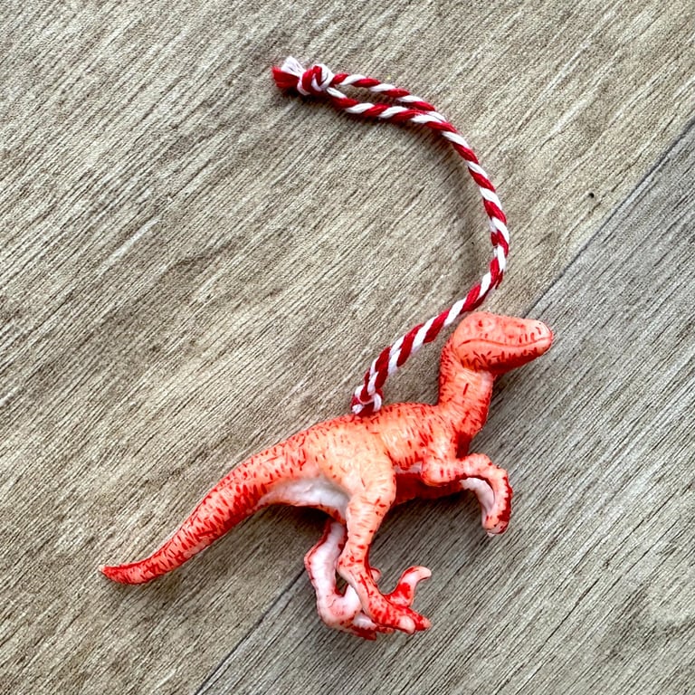 Red Velociraptor Dinosaur Ornament - Upcycled Toy