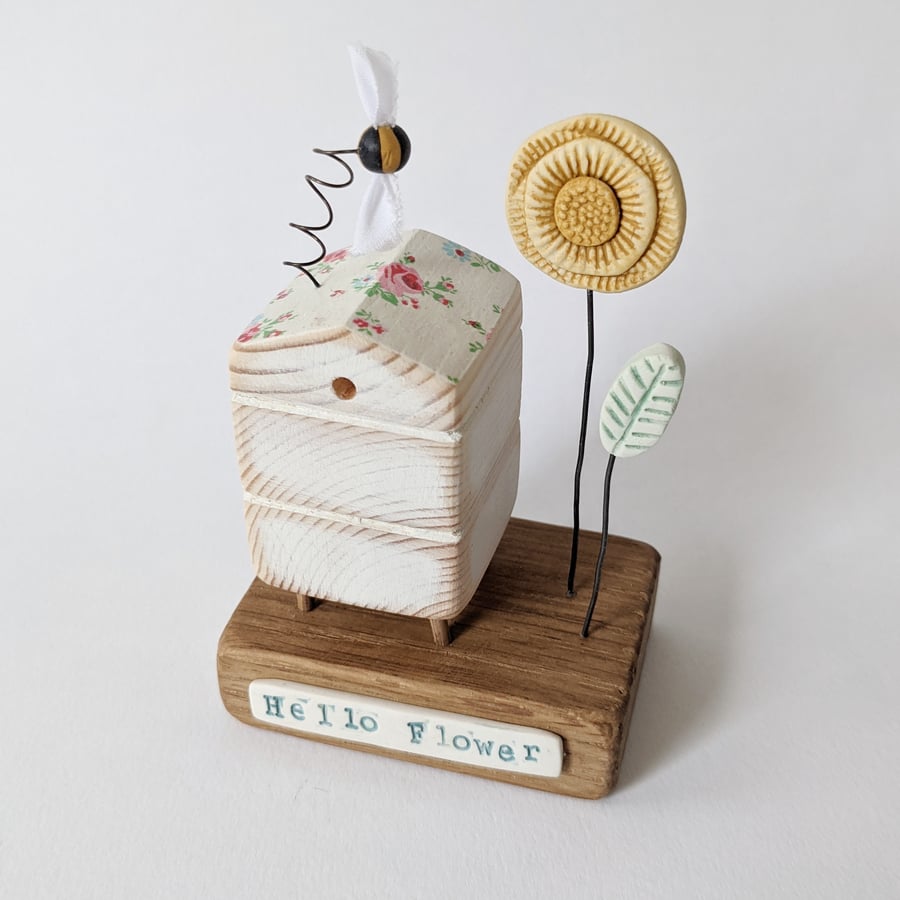 Wooden Beehive With Clay Flower Garden 'Hello Flower'
