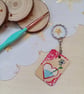 Wooden rectangular heart vase daisy flower Keyring  - Image 1