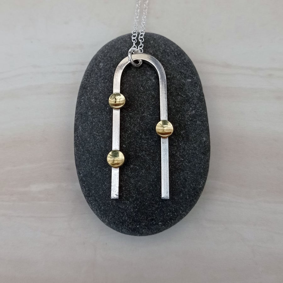 Sterling silver bar and brass drop pendant – handmade wire necklace