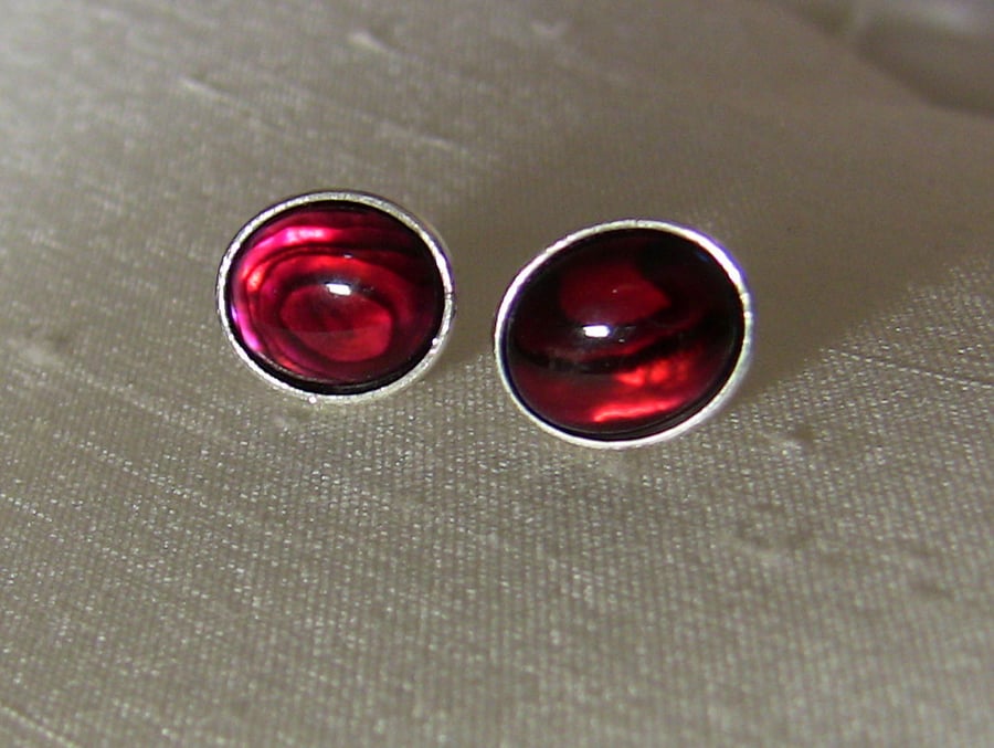 Sterling Silver and Red Paua Shell Oval Stud Earrings, E91A