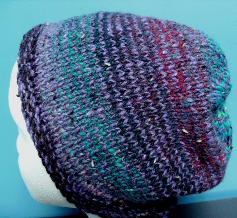 Handknit NORO Stripey Slouch Hat 100% Wool Purples, Blues & Turquoise MED-LARGE