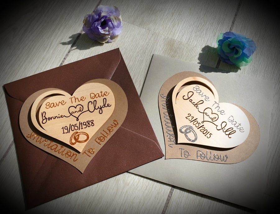 Wooden Personalised Save The Date Pyrography Heart Magnet