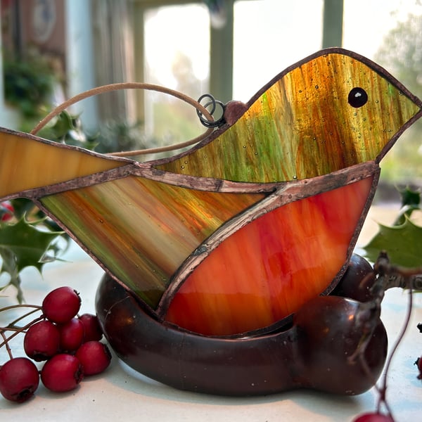 Stained glass Christmas Robin