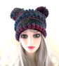 Dark Purple Mix Pom Pom Crochet Beanie Hat with Pom Poms