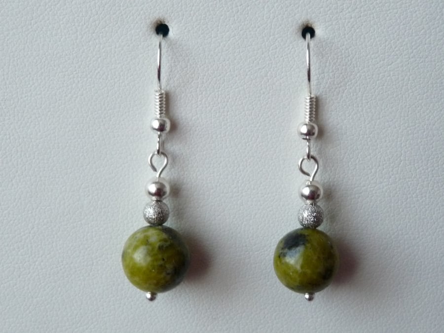 Green Jasper Drop Earrings - Genuine Gemstone - Handmade