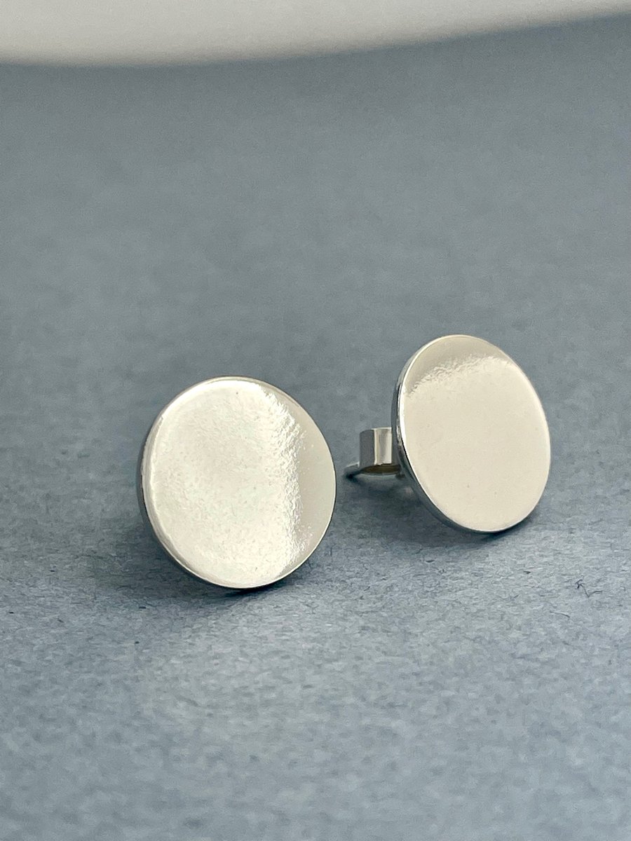 Sterling Silver Round Disc Ear Stud Earrings 12mm - Plain-Smooth - Handmade