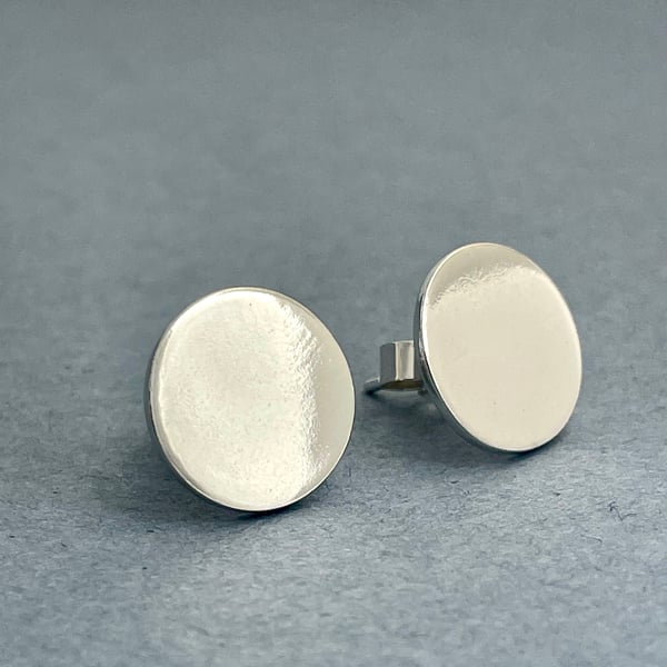 Sterling Silver Round Disc Ear Stud Earrings 12mm - Plain-Smooth - Handmade