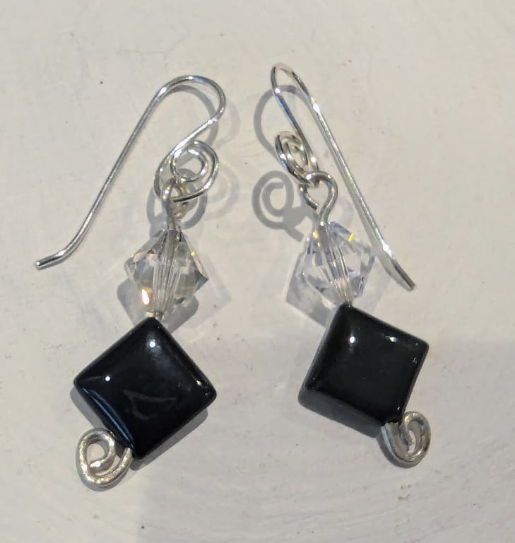 Onyx Diamond shaped Beads with Clear Swarovski Bicones