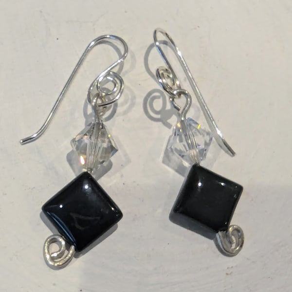 Onyx Diamond shaped Beads with Clear Swarovski Bicones