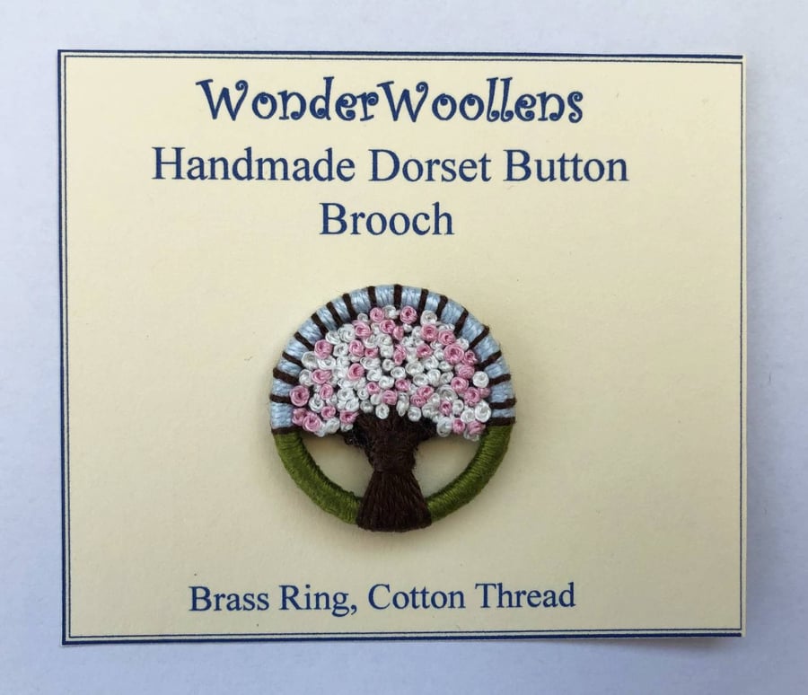 Cherry Blossom, Sakura, Dorset Button Brooch, Green, Pink, Brown, Blue, 3.3cm