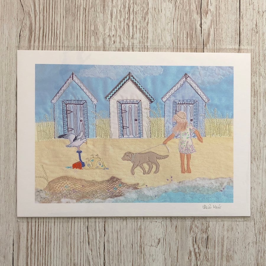 Beach Huts print - beach art with dog, sandcastles and seagull