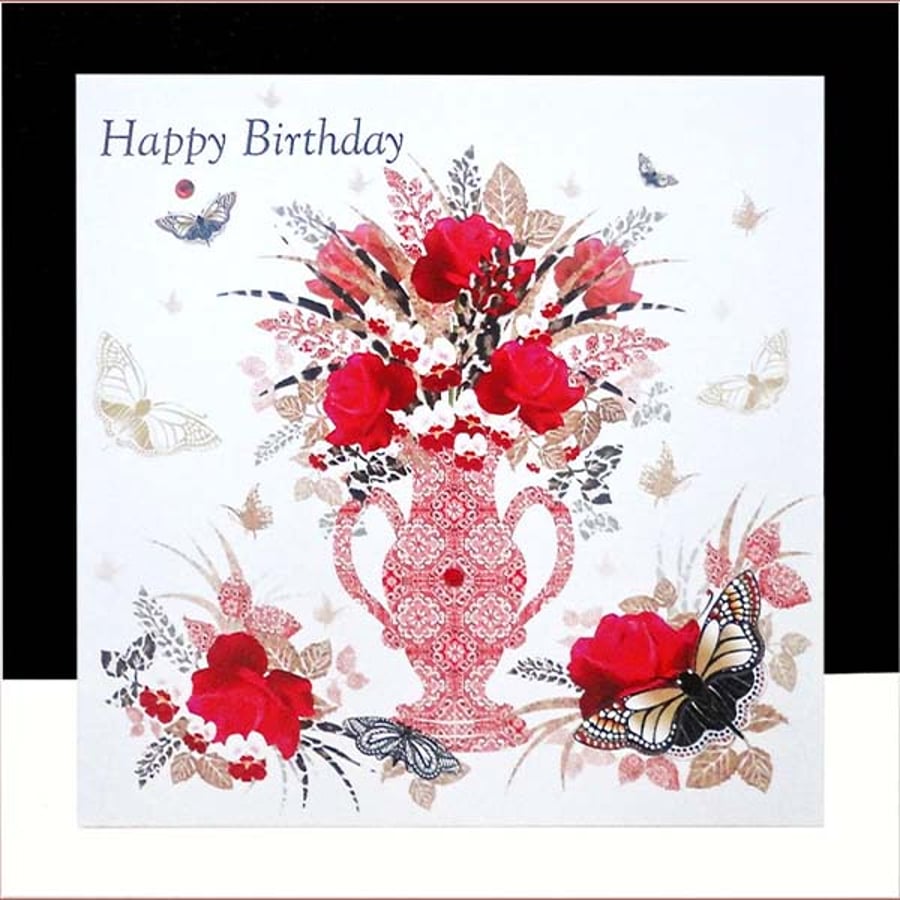Red Rose Vase Happy Birthday Card 