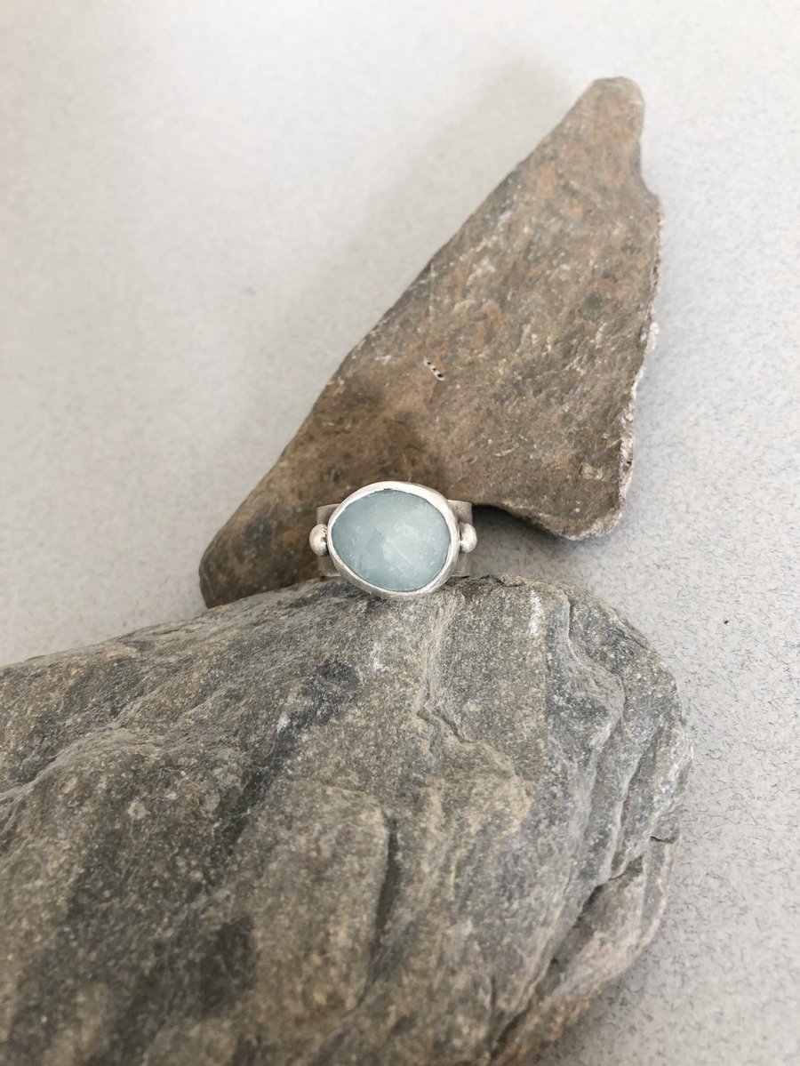 Aquamarine Ring - Silver Ring - Wide Band Ring