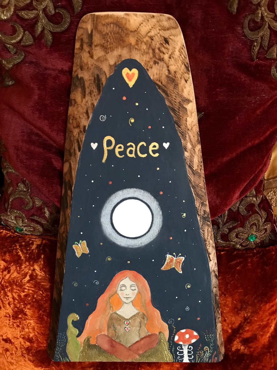 Painted wood piece, meditating lady, "Peace"