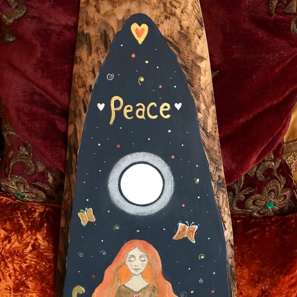 Painted wood piece, meditating lady, "Peace"